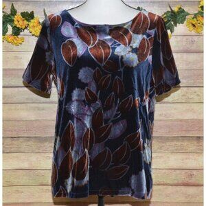 Ann Taylor Ladies Blue Velvet Rust Leaf Pattern Short Sleeve Blouse M Slit Casua